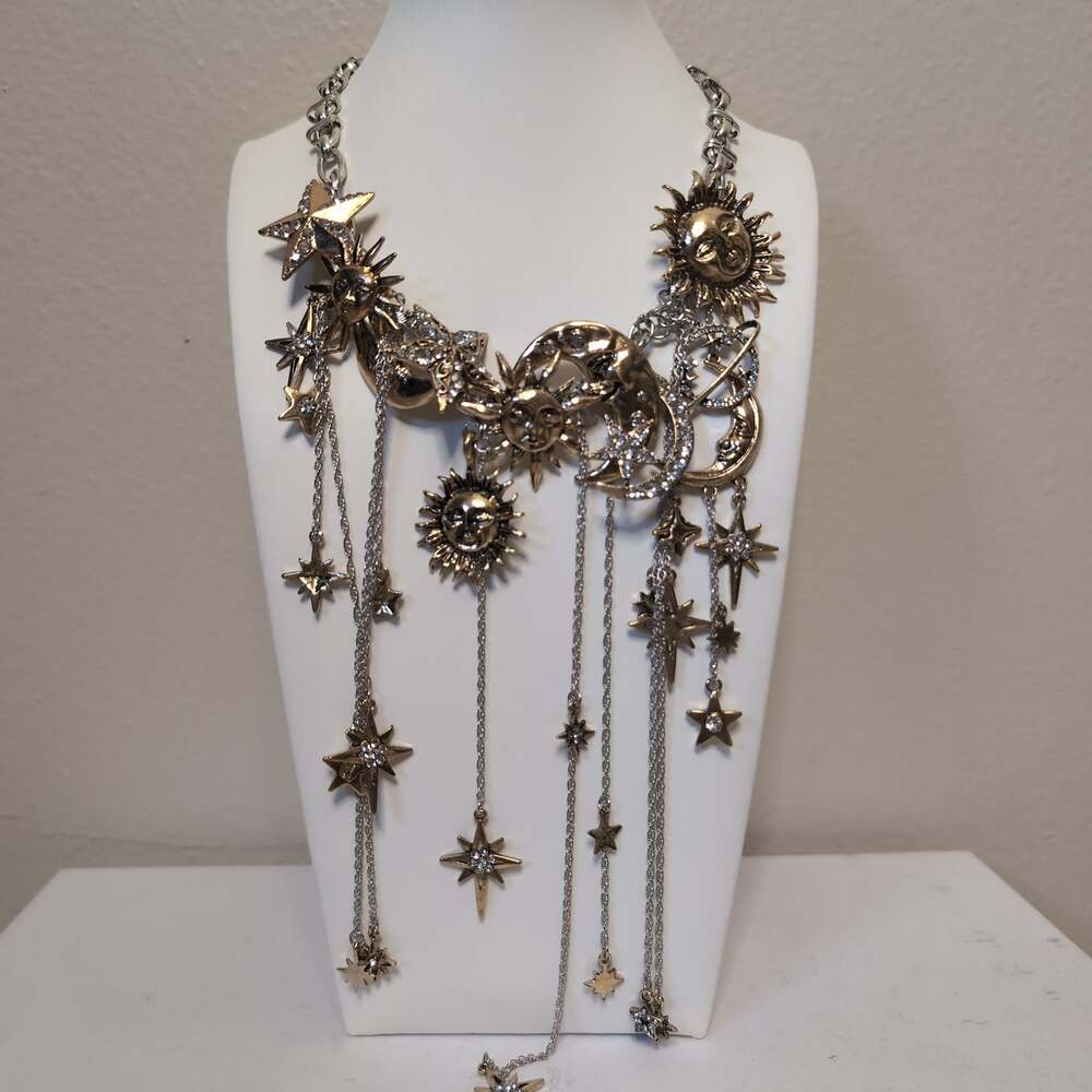 Celestial Sun and Moon Fringe Statement Necklace Deadstock